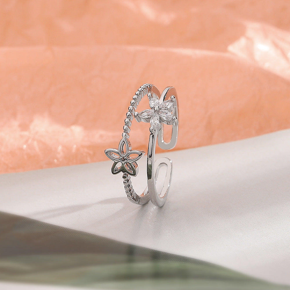 Womens Flower Ring Adjustable Double Layer Copper Jewelry Delicate Flower Design Gift For Her Korea Style Size