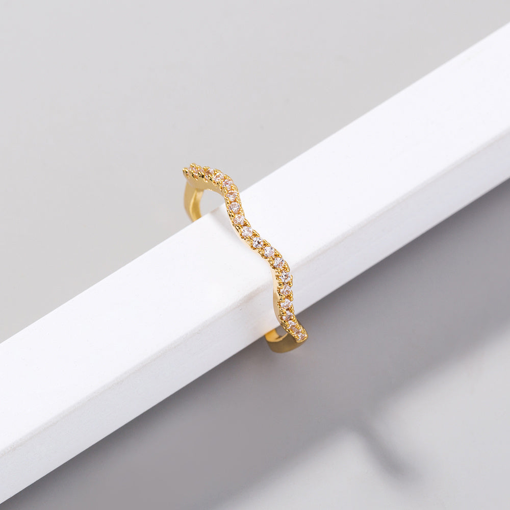 Womens Adjustable Ring Copper Zircon Gold Wave Design European American Ring Simple Wild Ring Electroplated Jewelry
