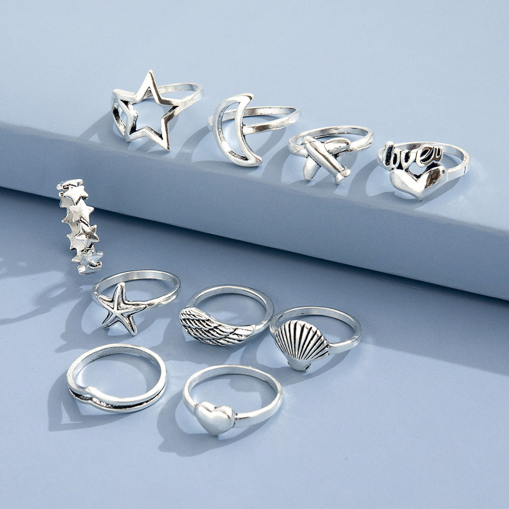 Womens Ring Set Retro Love Star Moon Plane Starfish Shell Designs Alloy Jewelry For Women Fashionable European Style