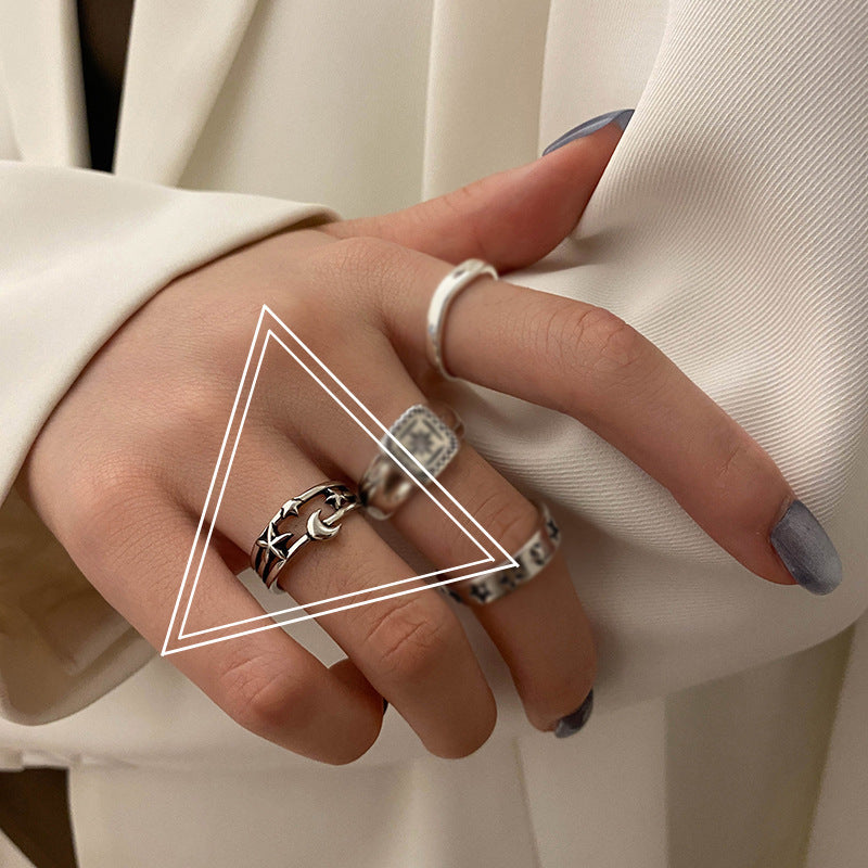Women Ring Silver Plated Star And Moon Geometric Vintage Celestial Adjustable Jewelry Everyday Statement Piece