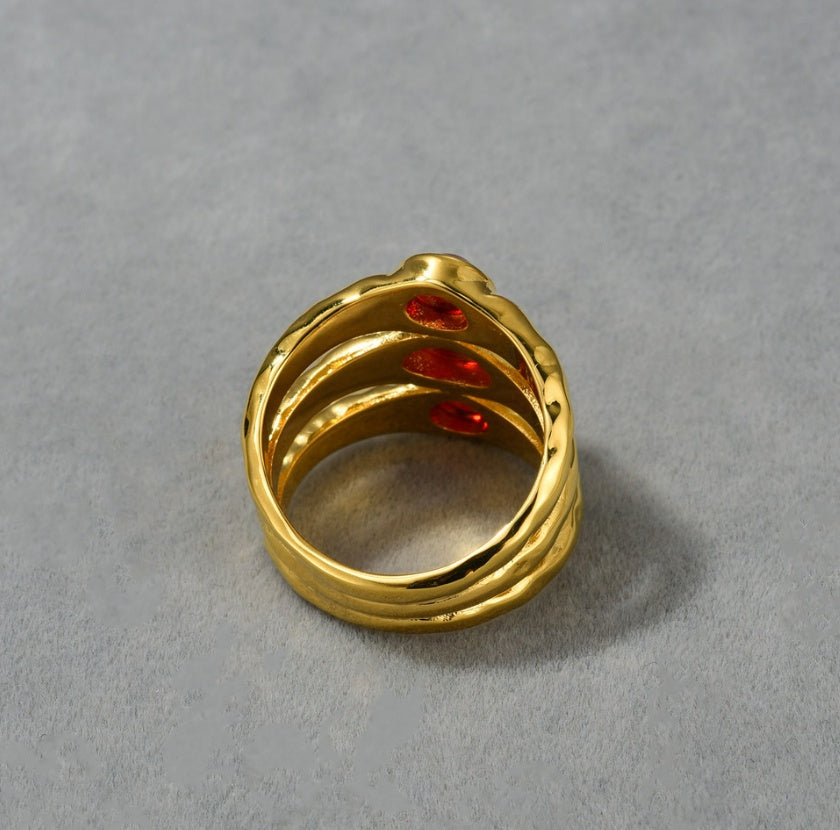 Womens Gold Ring Ruby Irregular Texture Layered Inlaid Design Brass Plated 18K Gold Jewelry Gift For Her Everyday Wear