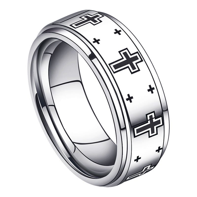 Mens Tungsten Ring Polished Silver Tone Cross Design Korean Fashion Band Individually Packed For Everyday Wear