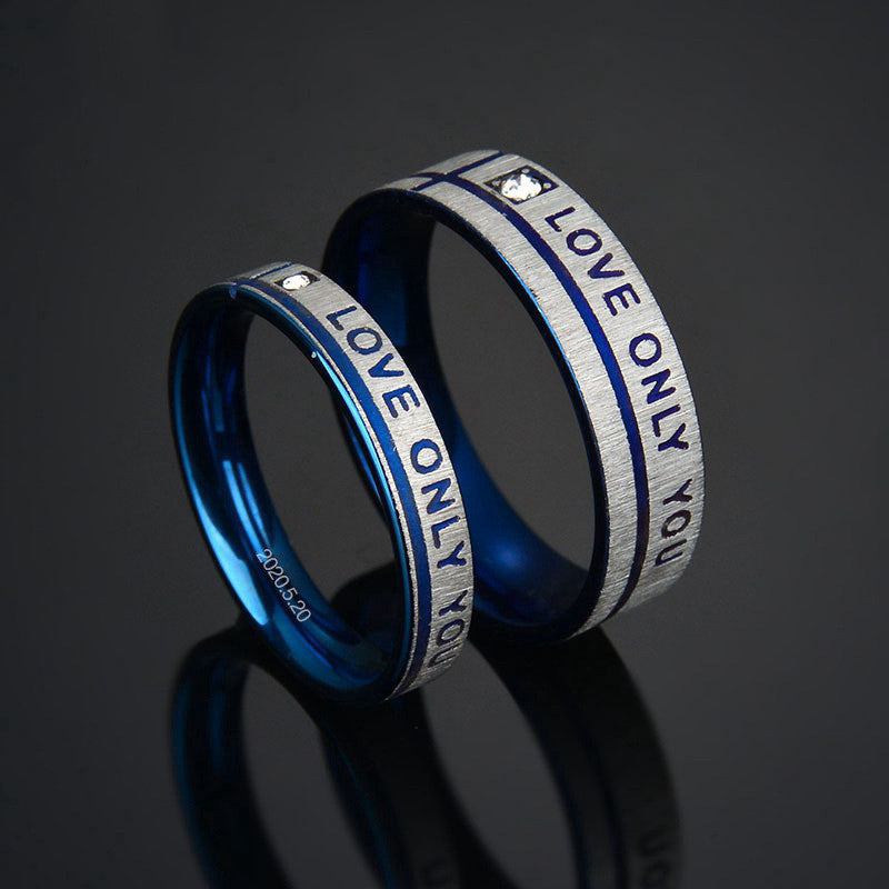 Stainless Steel Couples Rings Set For Him And Her Blue Plated With Diamond Love Engraving Simple Geometry BandsPro