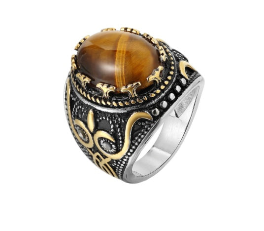 Mens Stainless Steel Ring European American Retro Gemstone Brown Blue Silver Gold Ring Sizes 7 8 9 10 11 12 13