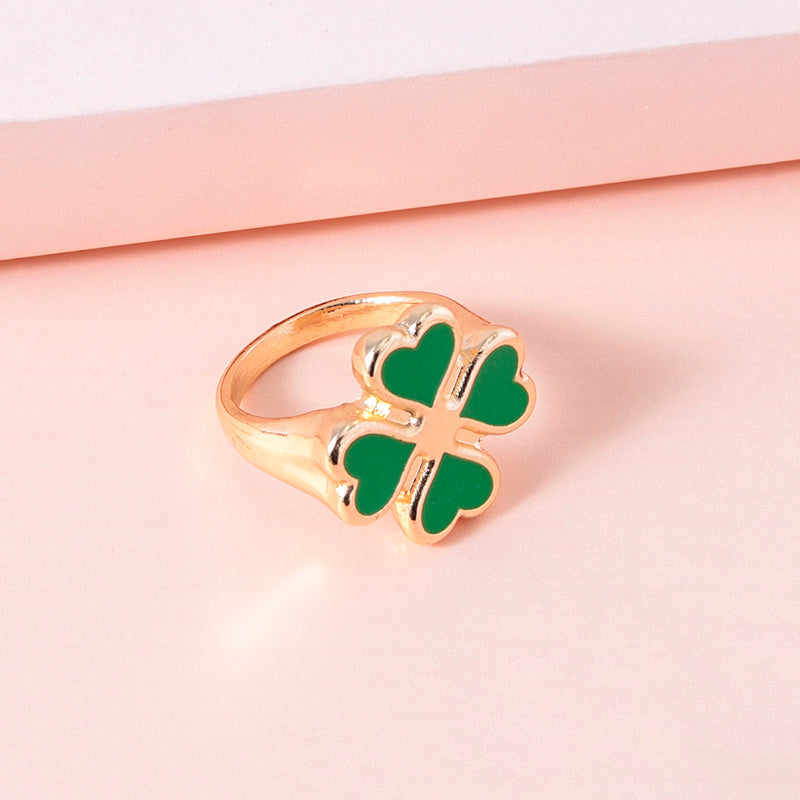 Four Leaf Clover Ring Enamel Zinc Alloy Plant Shape Vintage Fashion Jewelry Gift for Women Men Daily Wear Classic Shine