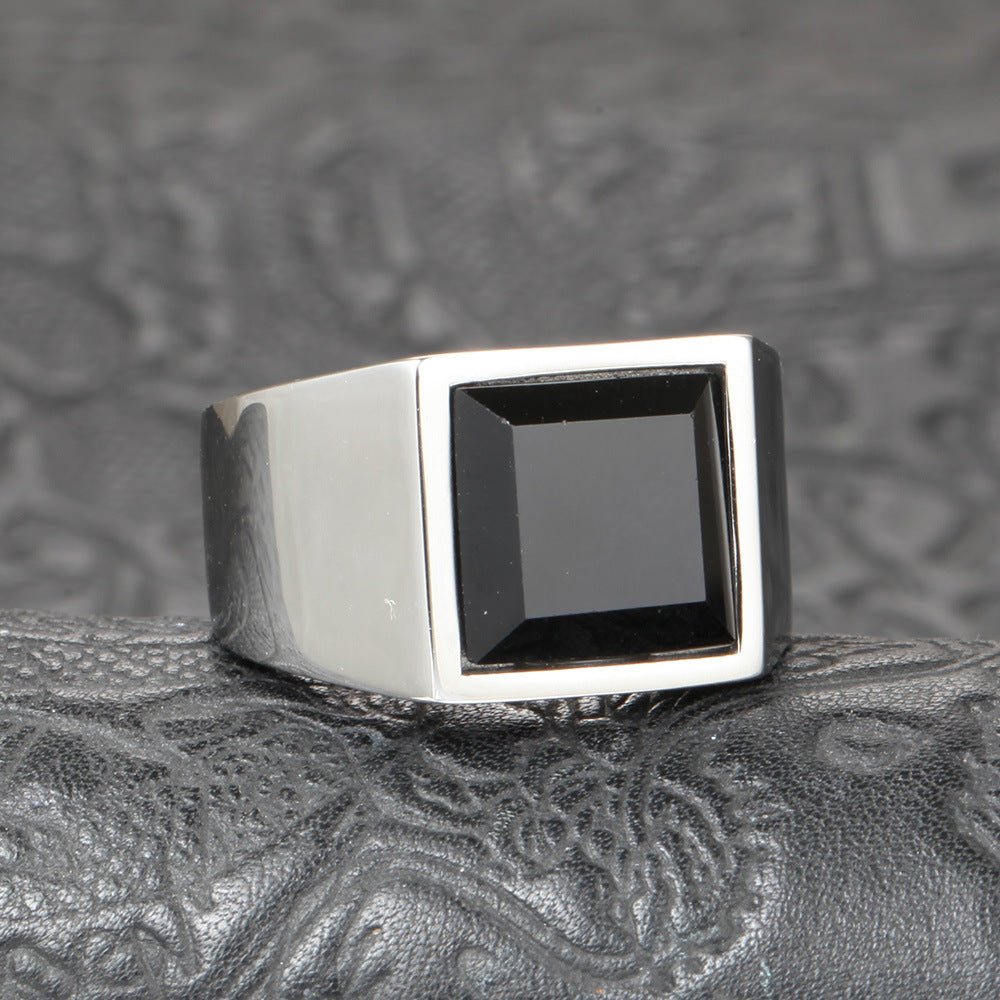 Geometric Stainless Steel Ring With Black Gemstone And Diamond Setting Fashion Jewelry Square Gemstone Diamond