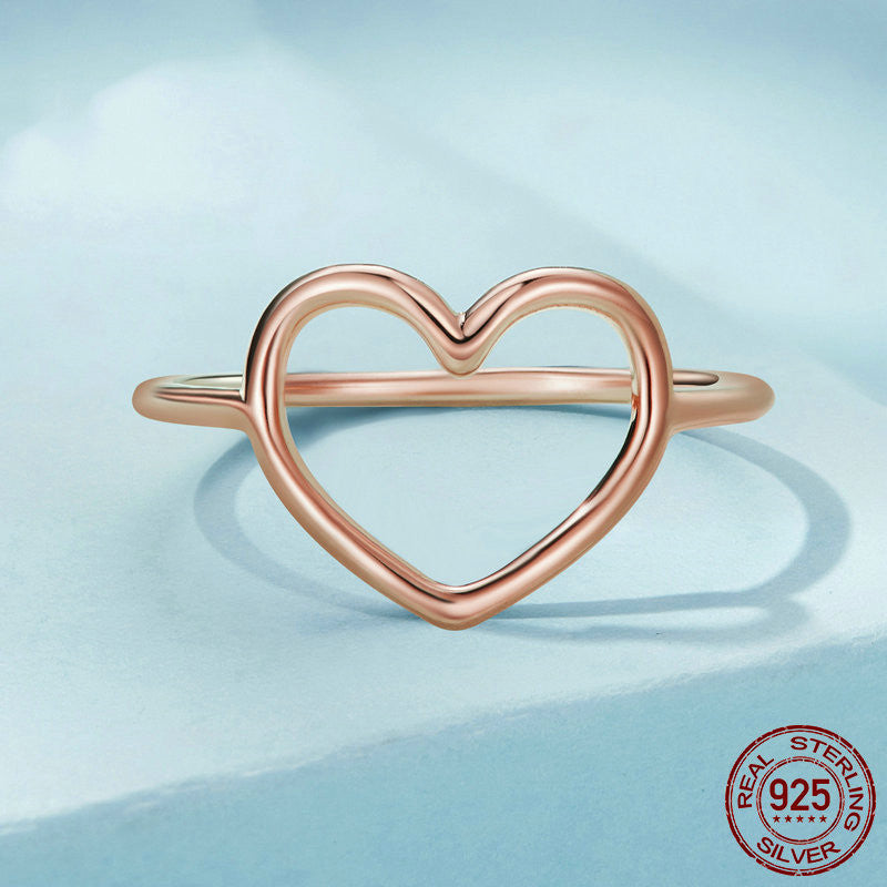 Womens Heart Ring S925 Sterling Silver Hollow Heart Design Gift For Women Girls Heart Jewelry Silver Tone Glow