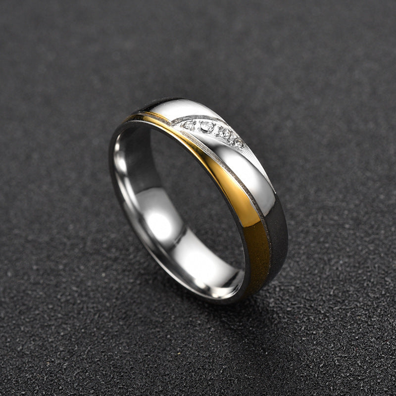 Stainless Steel Diamond Inlay Couple Ring 6mm Gold Plated Wedding Band For Him And Her Diamond Style For Pairs