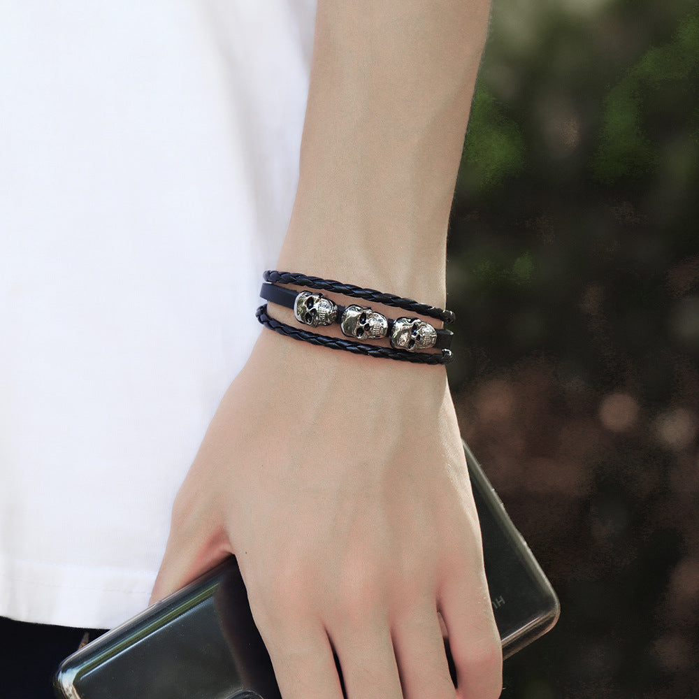 Mens Braided Leather Bracelet With Skull Accent Wristband