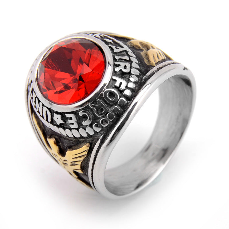 Spreading Wings Eagle Gemstone Ring Stainless Steel Vintage Style Army Ring Gold Plated Inlaid Gems Fine Craft