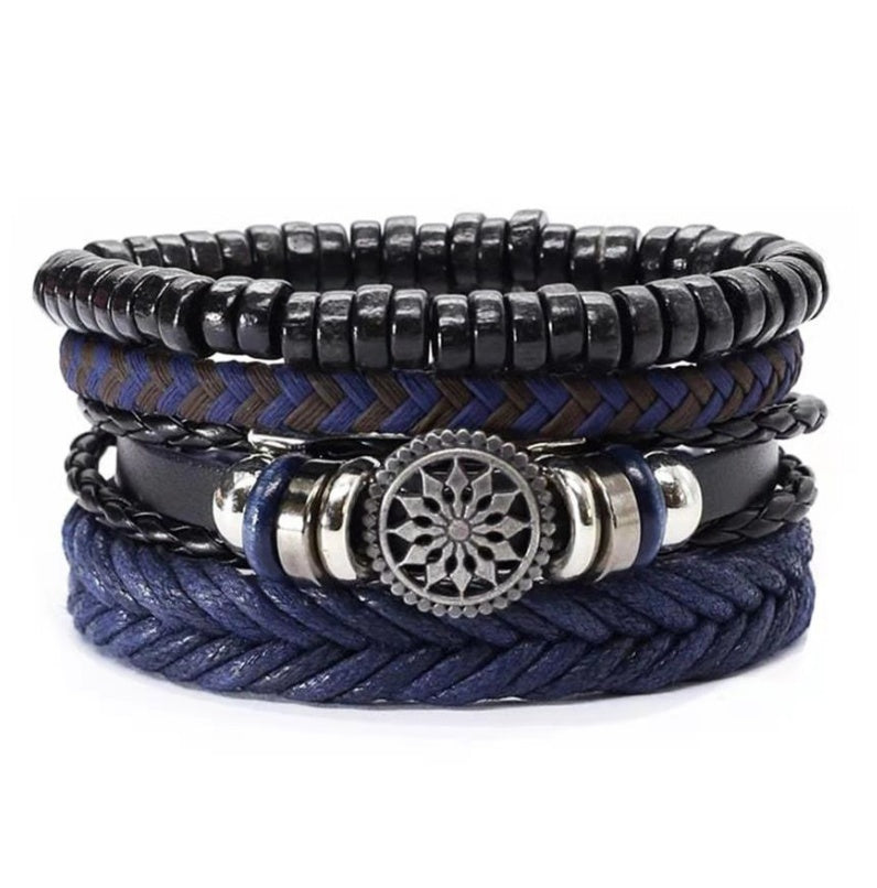 Mens Leather Braided Bracelet European Design Alloy Inlaid Gemstones Retro Geometric Accessory Woven Wristband