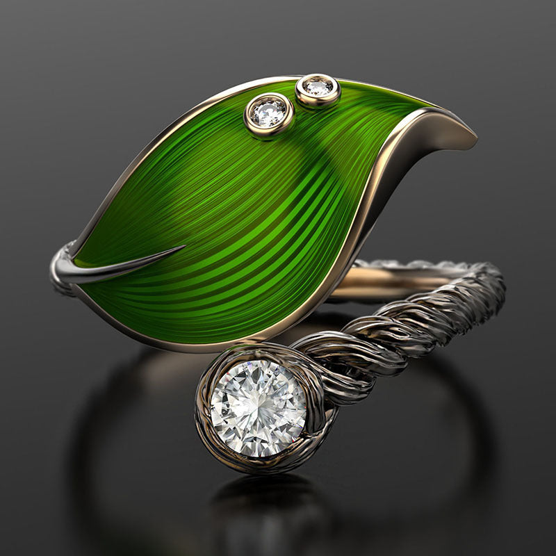 Leaf Zircon Ring For Women Adjustable Alloy Jewelry With Rattan Style Elegant Fashion Accessory Chic City Vogue