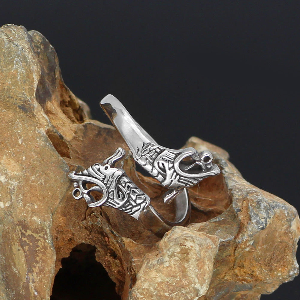 Unisex Wolf Head Ring Vintage Stainless Steel Norse Geometric Domineering Statement Ring For Men And Women All