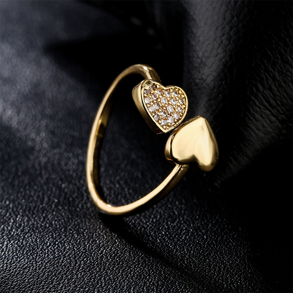 Womens Golden Love Shape Zircon Inlay Ring With Adjustable Copper Band European American Jewelry Gift Box Love