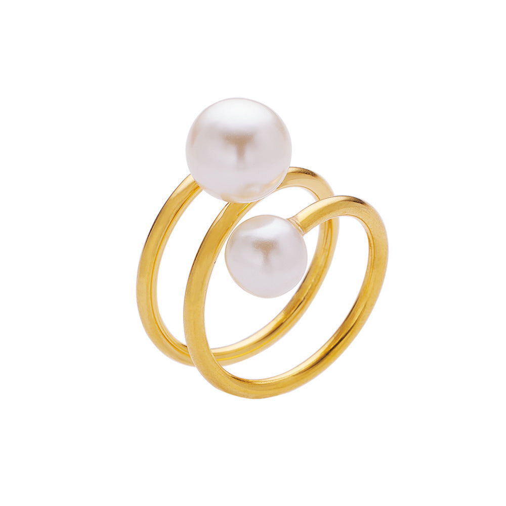 Geometric Freshwater Pearl Ring in Gold Tone Titanium Steel for Women Hypoallergenic Elegant Fashion Accessory