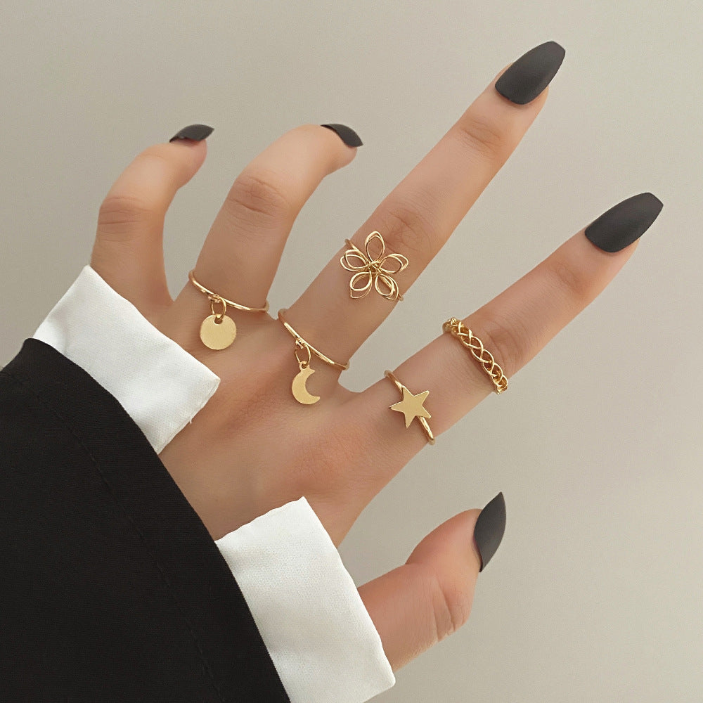 Unisex Geometric Ring Set Five Pointed Star Flower Alloy Fashion Jewelry Gold Tone Silver Tone 5 Piece For Him
