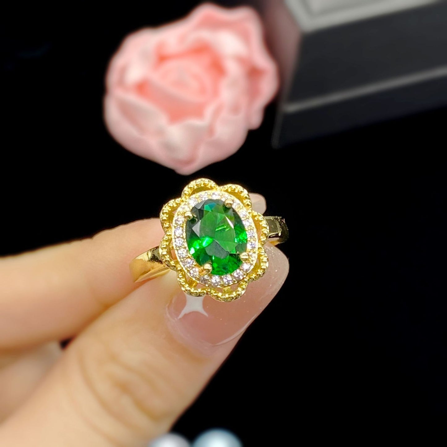 Womens Adjustable Gold Plated Copper Ring Emerald Green Simulated Diamond Hollowed Flower Geometric Design Lux