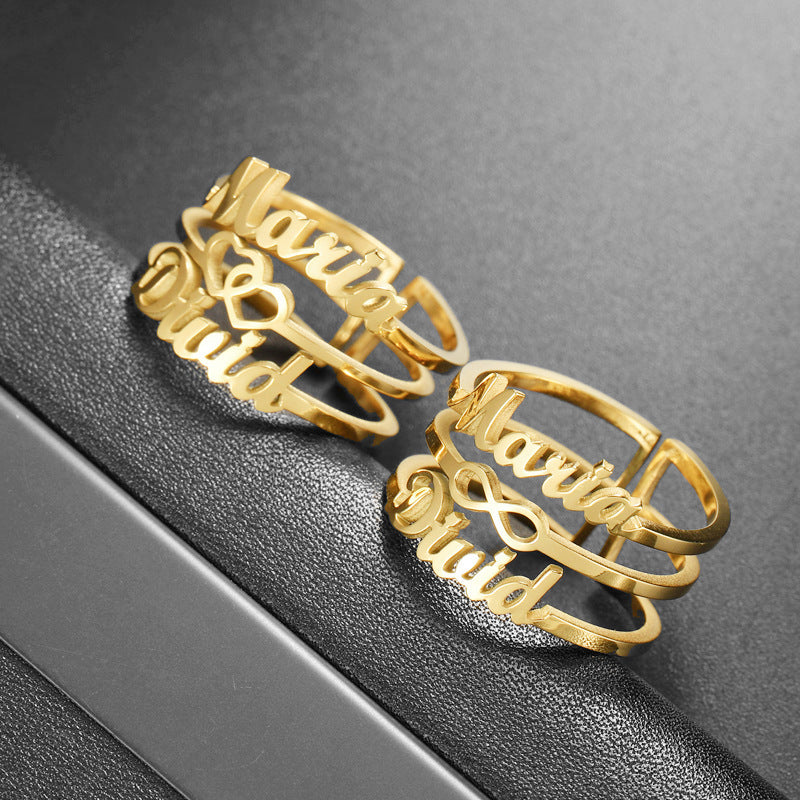 Personalized Ring Three Layer Stainless Steel Engraved Name Letters Numbers Geometric Shape Ring Steel Gold Rose Gold