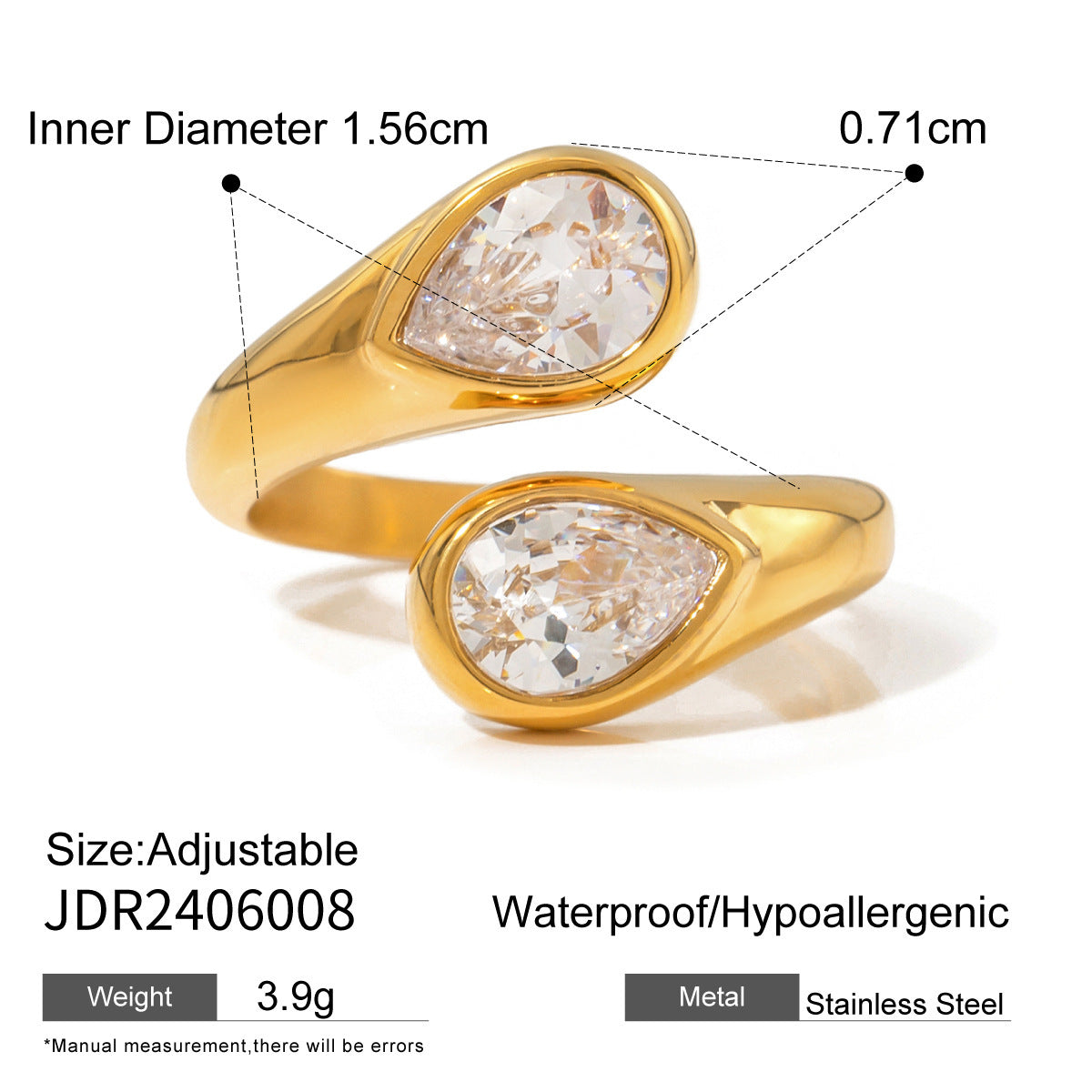 Unisex 18K Gold Plated Stainless Steel Ring With Zircon Open End Geometric Line Design Electroplated Jewelry XL