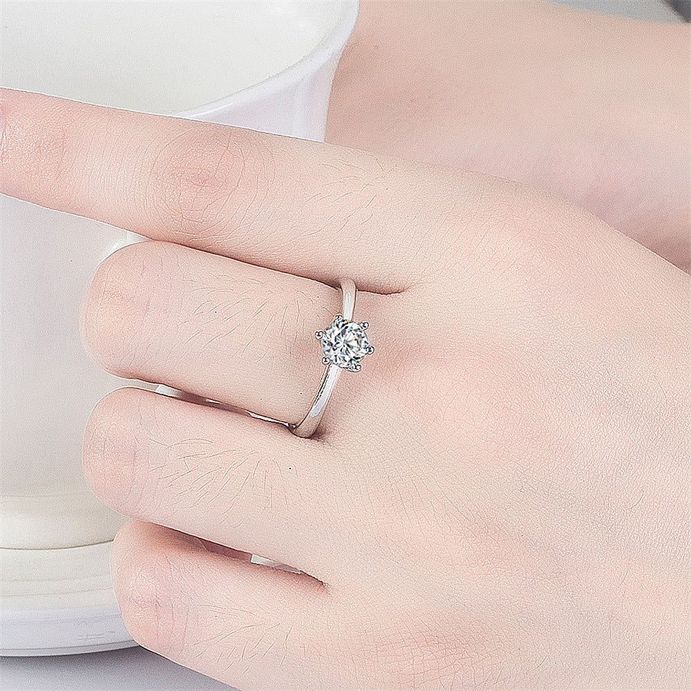 Ladies Crystal Zircon Six Claw Ring Platinum Plated Copper Engagement Wedding Anniversary Statement Elegant Ring