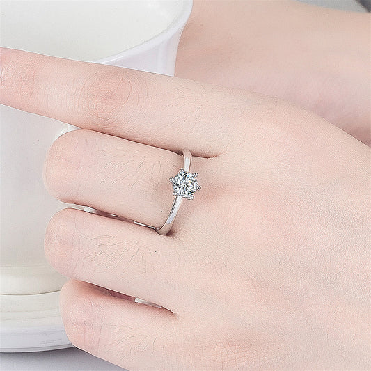 Ladies Crystal Zircon Six Claw Ring Platinum Plated Copper Engagement Wedding Anniversary Statement Elegant Ring