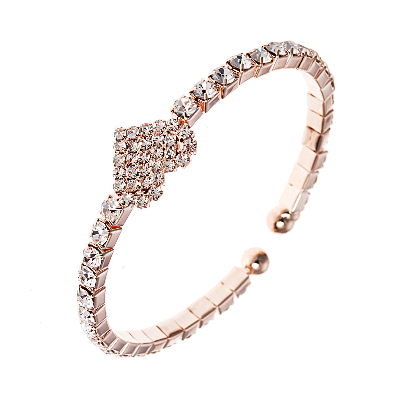 Couple Heart Shaped Alloy Elastic Bangle Bracelets Set With Gemstones In Gold Silver Rose Gold Finishes Inner 50mm