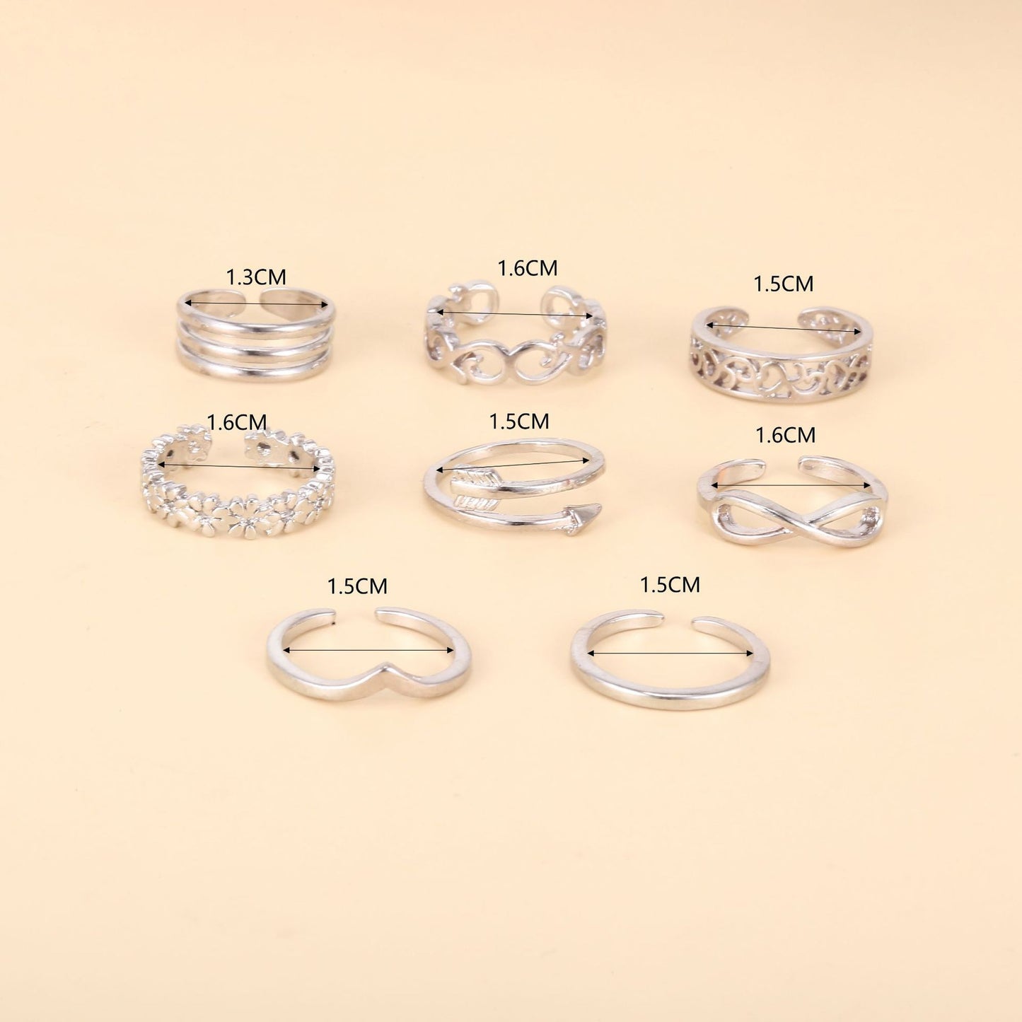 Women Adjustable Toe Ring Set Geometric Alloy Rings European American Beach Jewelry Gold Tone Silver Tone 8pcs