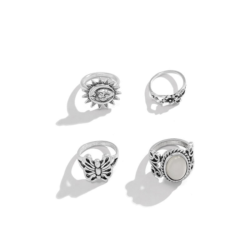 Retro Ethnic Sun Relief Butterfly Ring Set 4 Piece For Women Antique Silver Finish Jewelry For Daily Wear Plus
