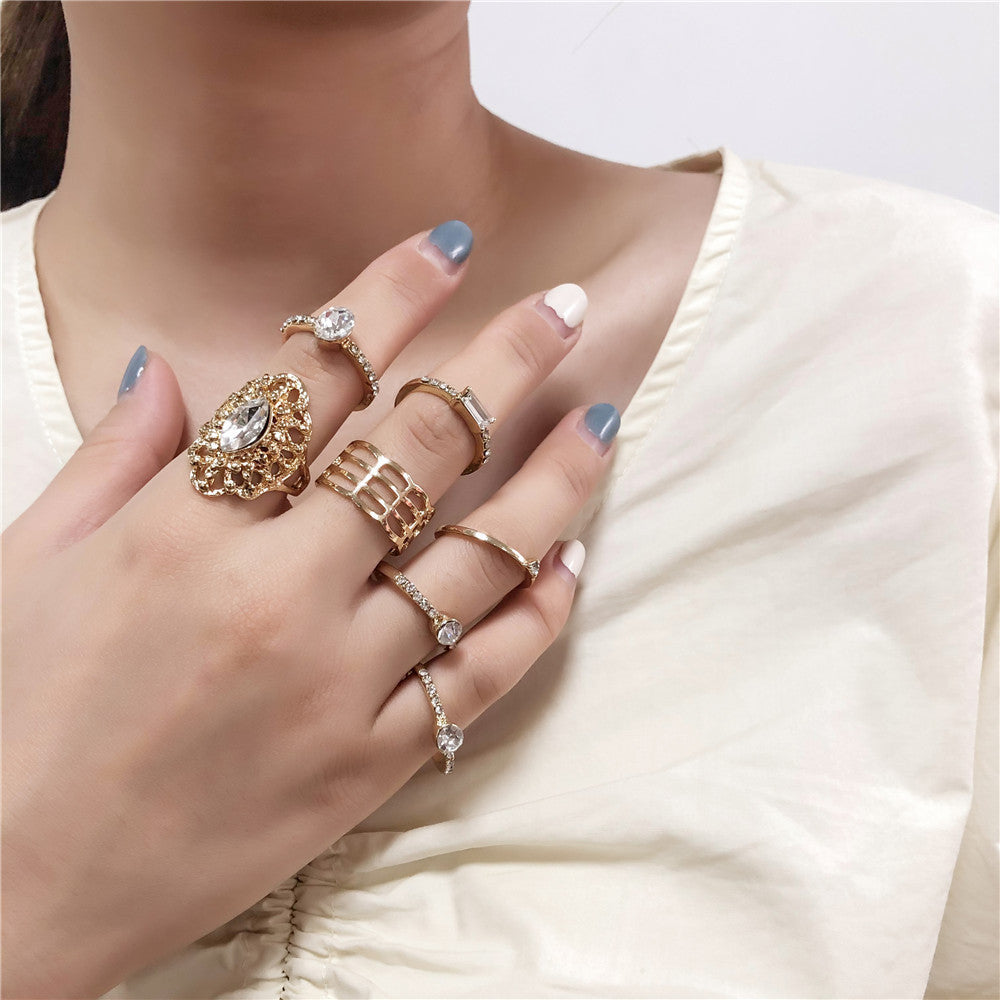 Womens Fashion Rings 7 Pieces Geometric Alloy Electroplated Rings With Artificial Gems European American Match