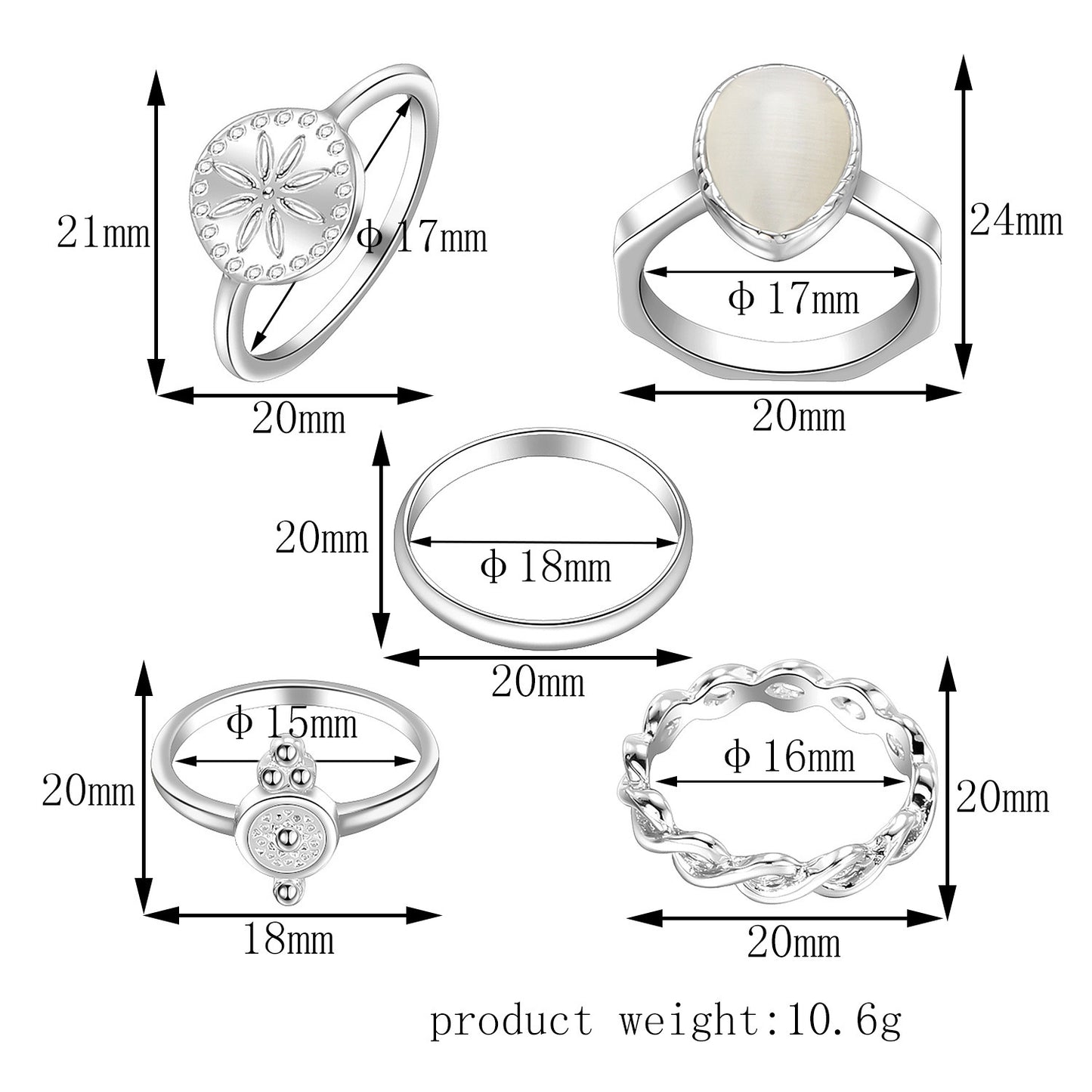 Crystal Knuckle Ring Set for Women Electroplated Alloy Fashionable Rings Silver Inlaid Design Jewelry Ring for