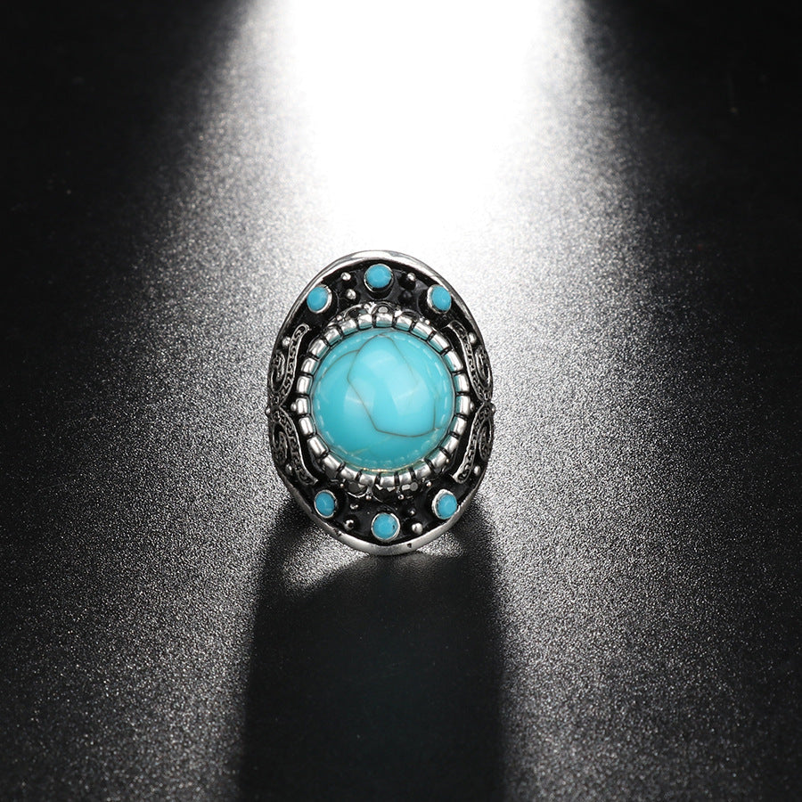 Turquoise Electroplated Alloy Ring With Crown Design Unisex Jewelry Inlay Gemstone Festive Gift In Everyday Wear
