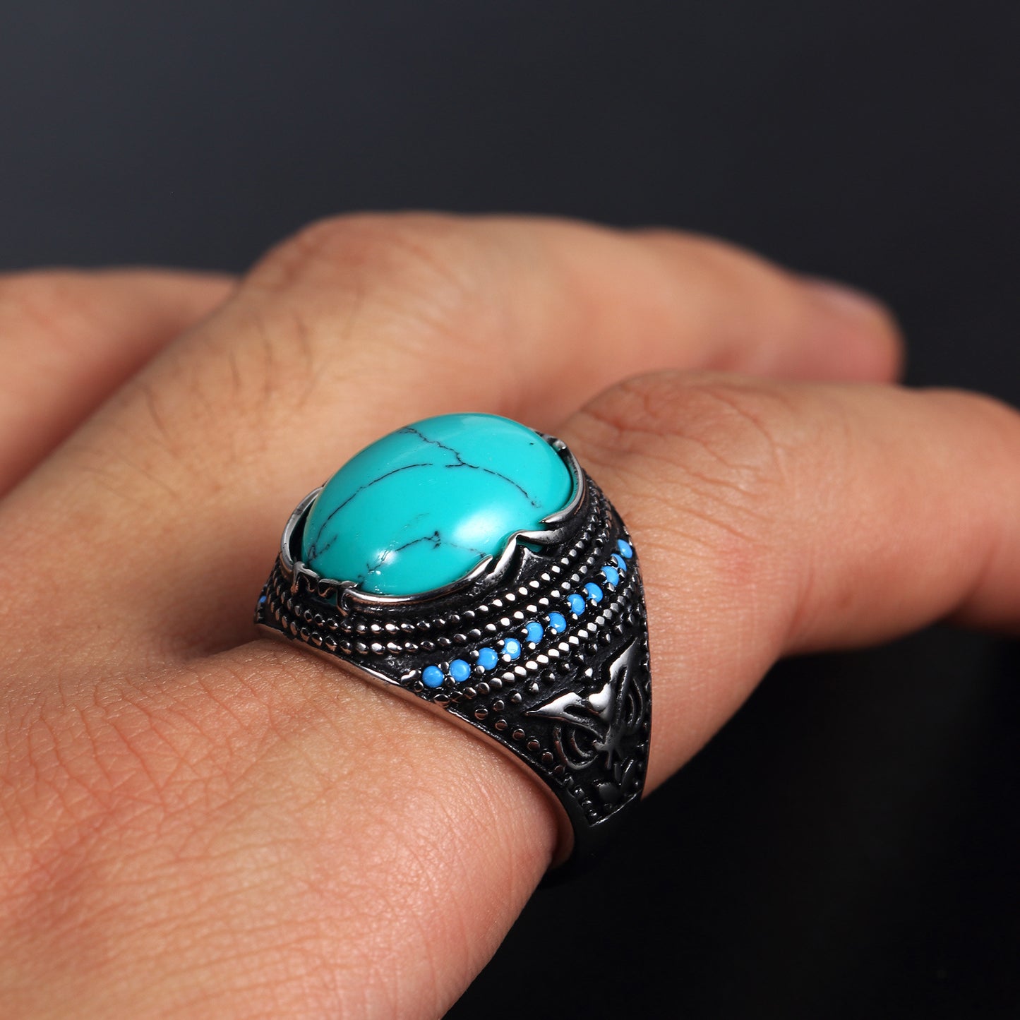 Mens Stainless Steel Ring Geometric Green Textured Turquoise Design Ring Durable Statement Fashion Jewelry Ring