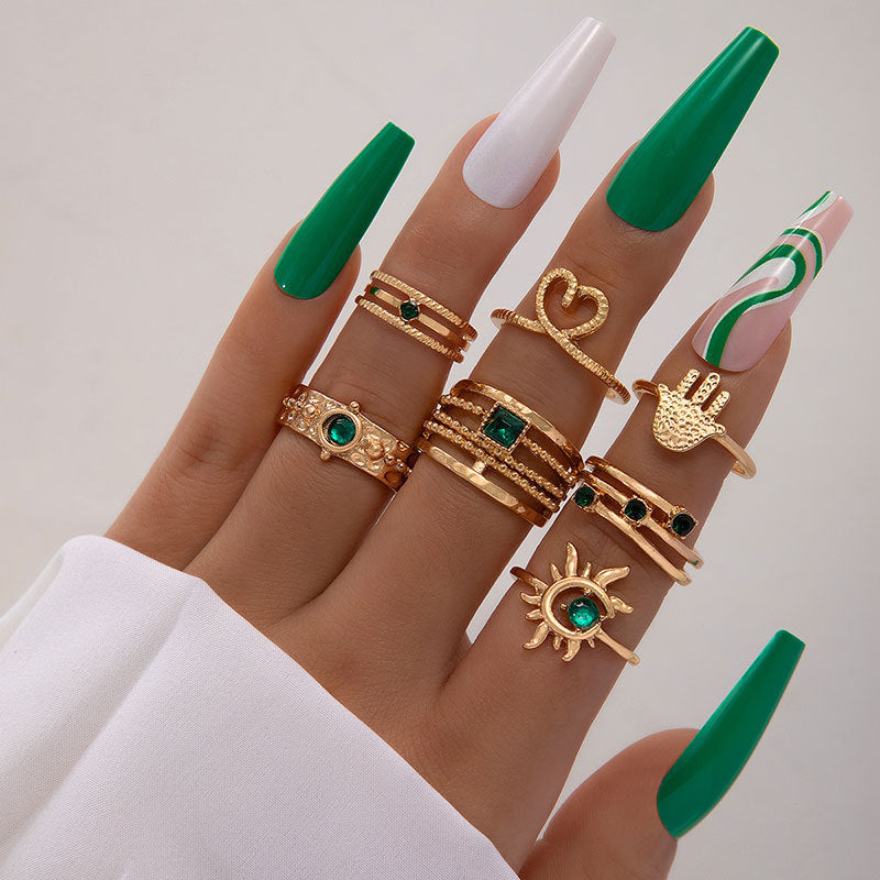 Unisex Alloy Rings Set Electroplated Finish Love Palm Emerald Diamond Ring Set Fashion Jewelry 4 Piece Set Now