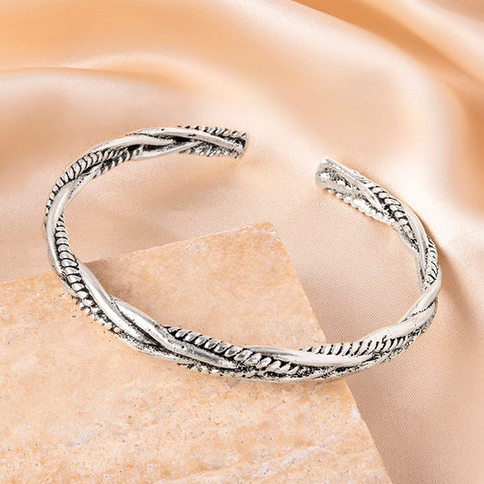 Vintage Twist Braided Open Bracelet Or Geometric Bangle For Women Or Men Fashion Zinc Alloy Silver Bangle 6 cm