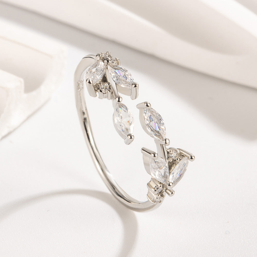 Womens Open Ring Copper Leaf Zircon Rose Gold Or White Gold