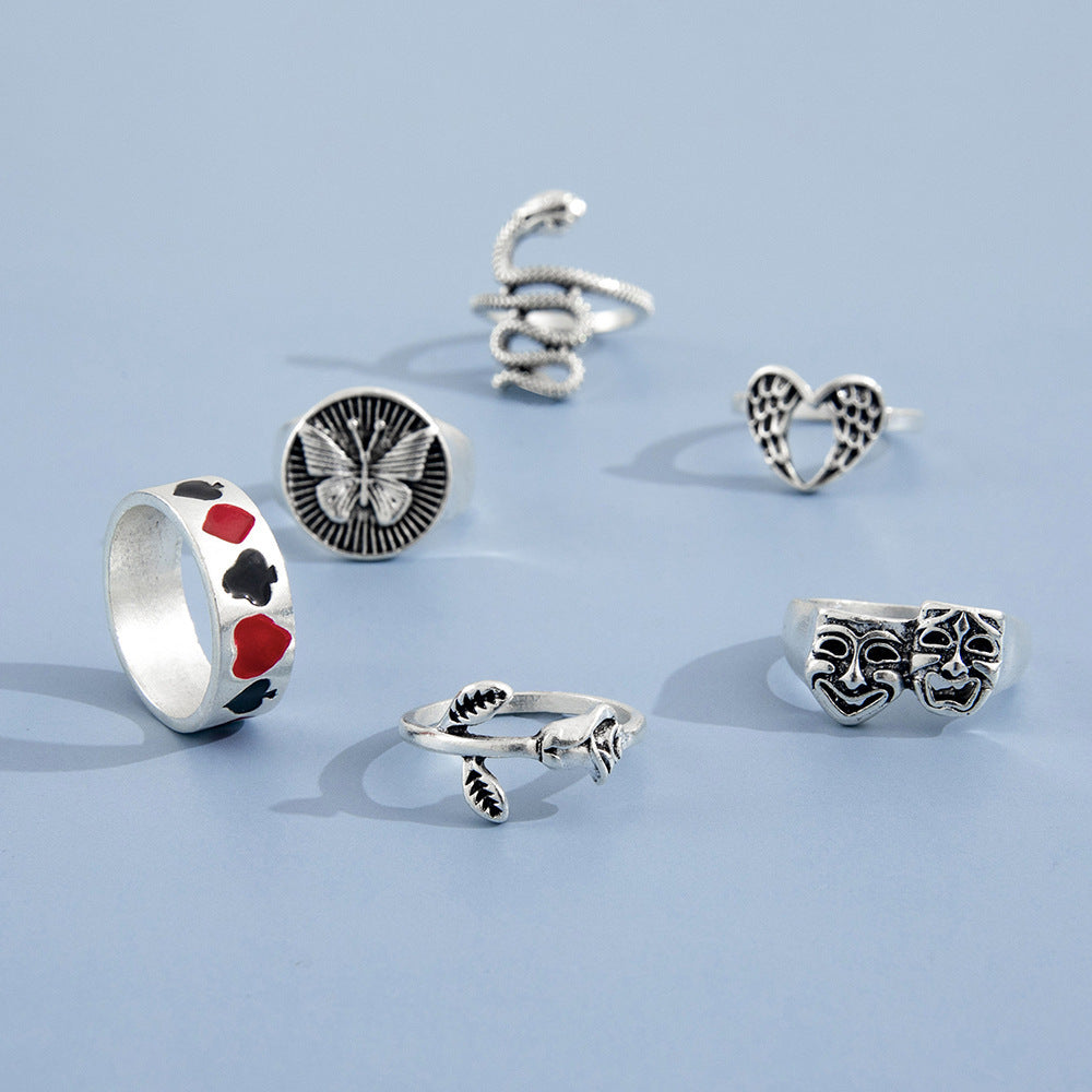 Heart Ring Set For Women Alloy Jewelry Dripping Glaze Design 6 Piece Set Fashion Rings Retro Trendy Design Set