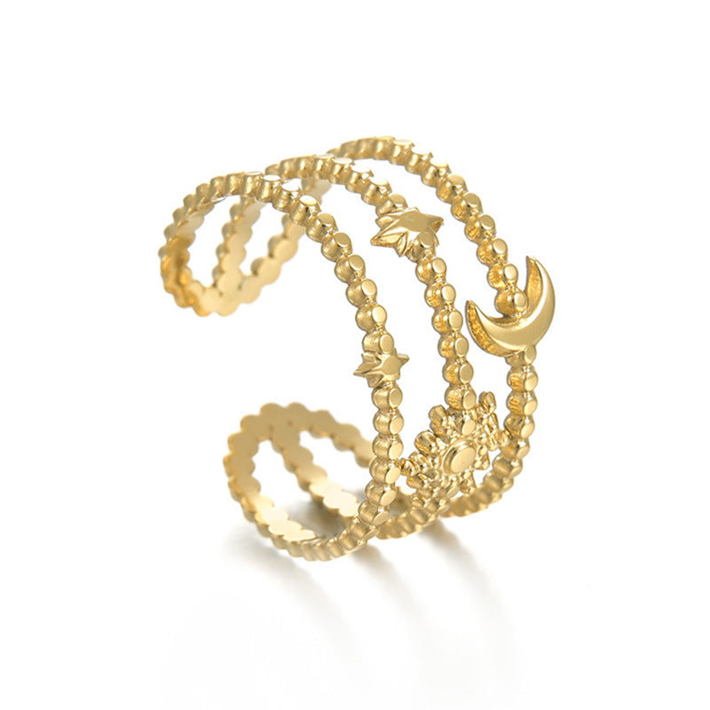 Gold Stainless Steel Ring Floral Hollow Out Design Adjustable Fashion Jewelry Accessory Elegant Gift For Women