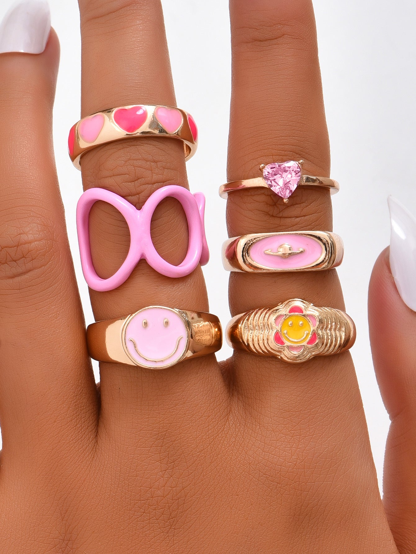 Womens Korean Geometric Ring Set With Smiley Face And Heart Design Zinc Alloy Fashion Jewelry Gift For Her Now