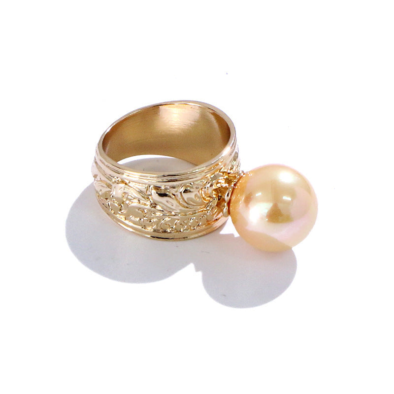 Womens Colorful Pearl Index Finger Ring Gold Plated Geometric Inlaid Gemstone Fashion Jewelry Gift Fashionable