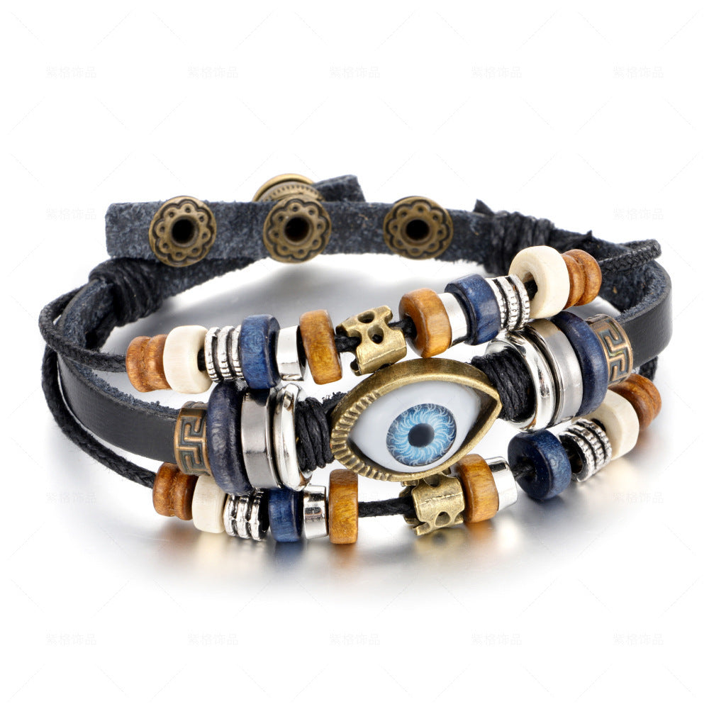 Mens Ethnic Leather Beaded Bracelet Geometric Design Gift