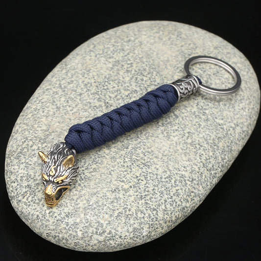 Paracord Key Ring With Wolf Head Beads Stainless Steel Keychain Length 15cm Durable Rope Craft For Outdoor Use