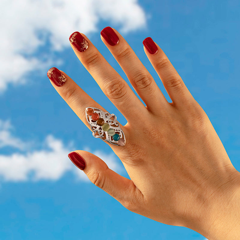 Adjustable Stone Yoga Ring Silver Butterfly Geometric Hollow Chakra Ring Vintage Fashion For Women And Men Chic