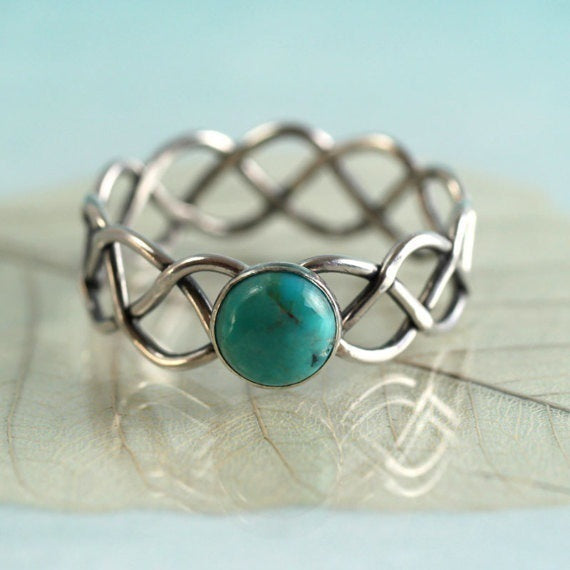 Copper Turquoise Ring With Diamond Inlay And Rope Design Twisted Band Ring With Geometric Detail 6 7 8 9 10 In Style