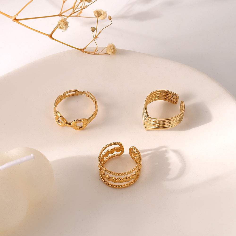 Womens Stainless Steel Ring Set Gold Plated Adjustable Geometric Hollow VO Shape Fashionable Versatile Jewelry