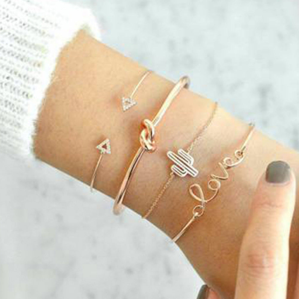 Geometric Alloy Bracelet Set With Gem Inlays Triangular Love Design Jewelry Gift For Her Collection Lightweight Chic