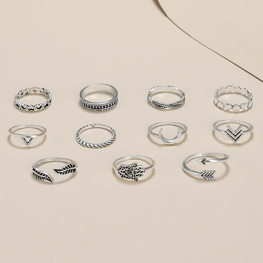 Womens Fashion Rings Set 11 Pieces Alloy Electroplated Rings With Leaf And Arrow Design European Style Jewelry