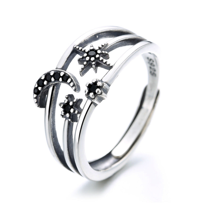 Sterling Silver Moon And Star Open Ring Vintage Geometric Design 925 Jewelry For Women Daily Wear Elegant Accessory