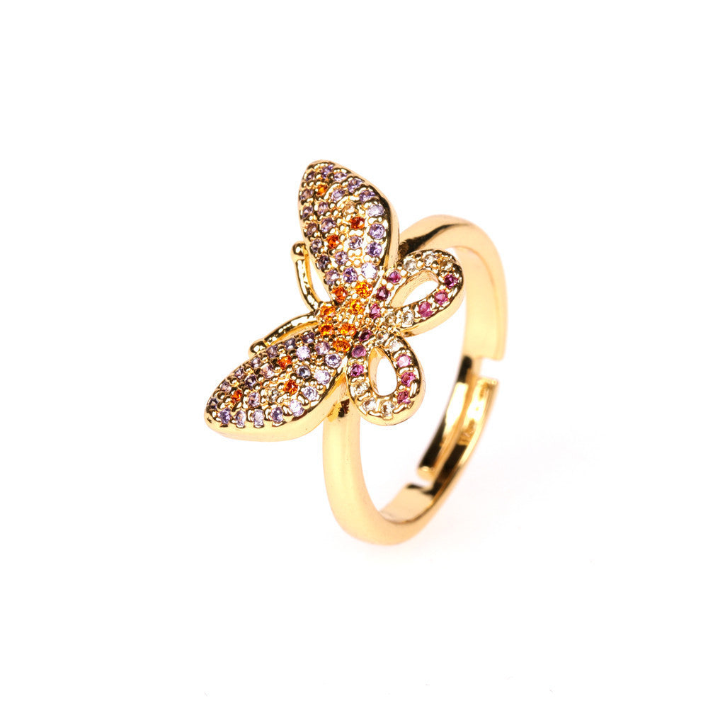 Womens Butterfly Ring With Rhinestones Gold Plated Copper Adjustable Open Band Korean Fashion Jewelry Gift Now