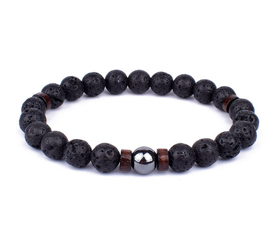 Unisex Volcanic Stone Beaded Stretch Bracelet With Crystal Accents And Wood Beads Geometric Wood Bead Design For Yoga