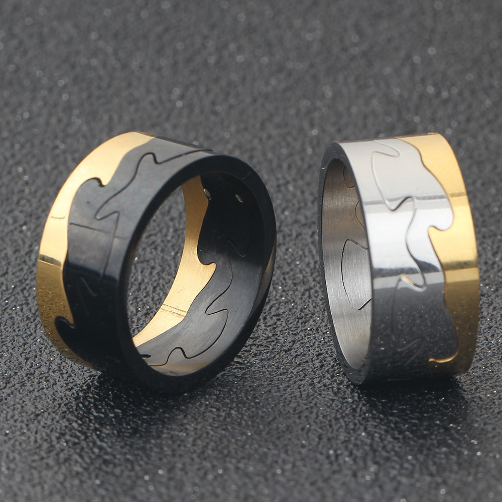 Stainless Steel Two Tone Stitching Ring Black Gold Steel Gold Unisex Size 8 9 10 11 Durable Hypoallergenic Comfort Fit